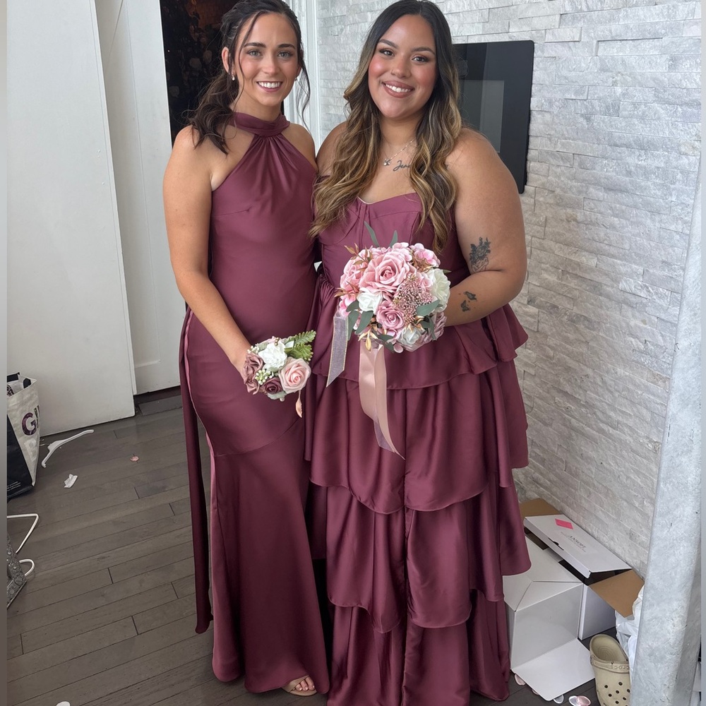 Azazie Mauve Halter and Tiered Wedding Dresses